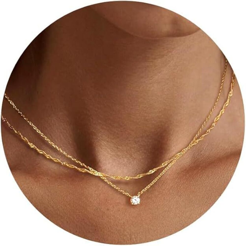 DAINTY LAYERED 14K GOLD PLATED CUBIC ZIRCONIA NECKLACE FOR WOMEN, SIMPLE